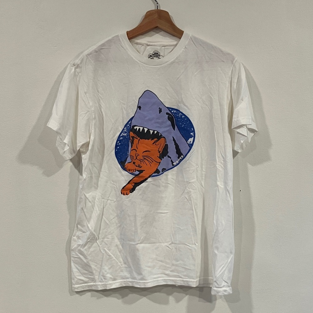 White T-Shirt with Shark and Cat Graphic